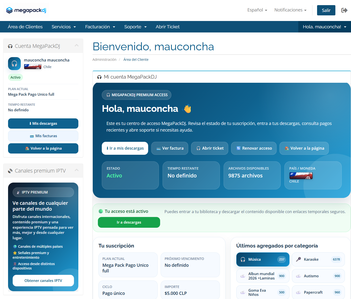 Panel privado del cliente